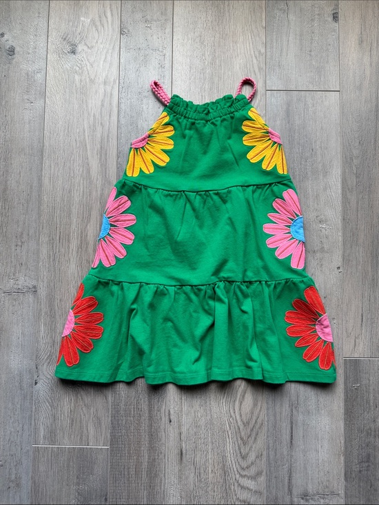 Mini Boden Other - Mini Boden Bright Green Tiered Dress with Colorful Daisy Appliqués